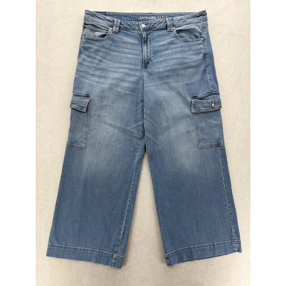 American Eagle Super High Rise Baggy Wide Leg Jeans Womens 20 Blue Cargo Stretch